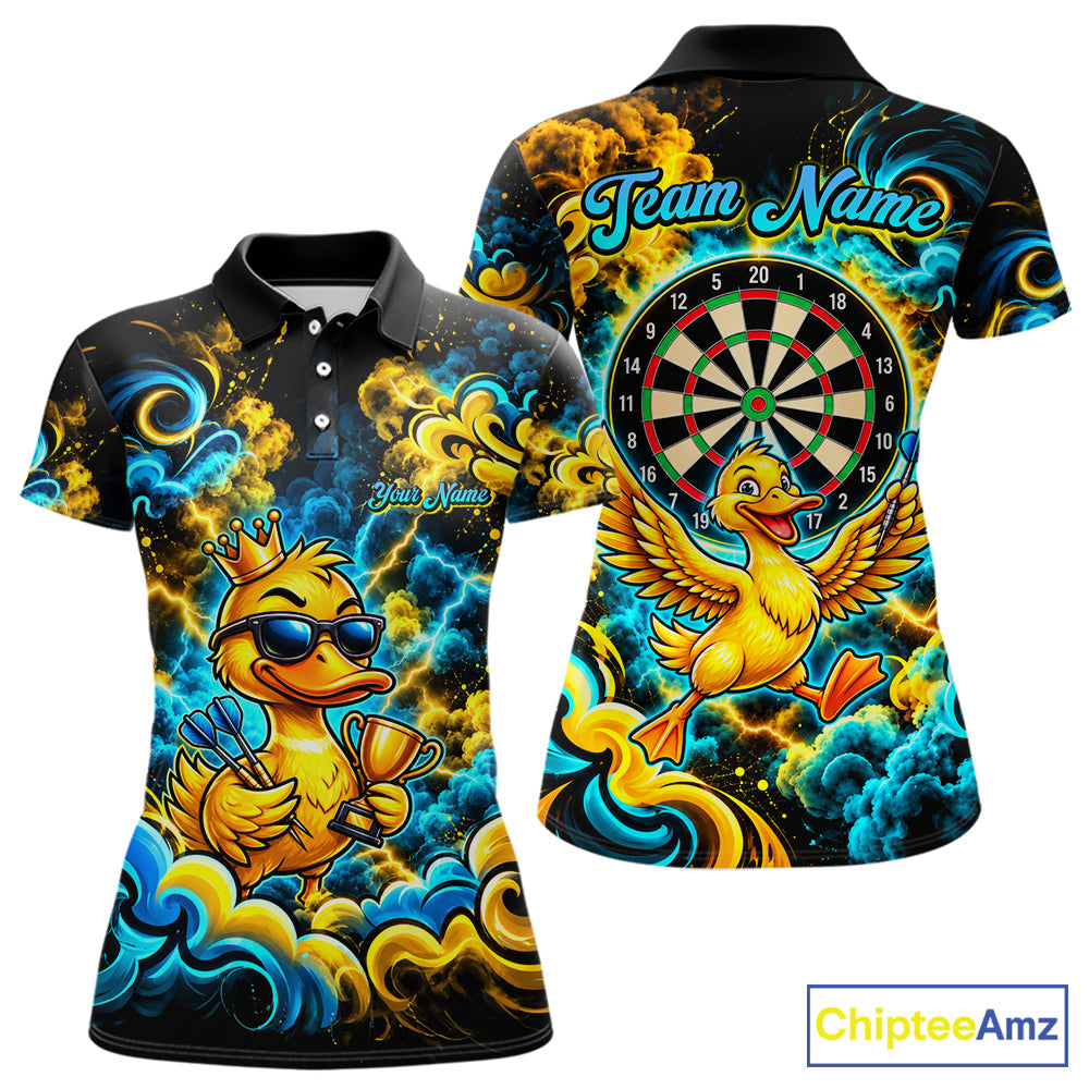 Yellow Blue Smoke Duck Darts Polo 1/4-Zip Shirt Neon Lightning Funny Darts Team Uniform