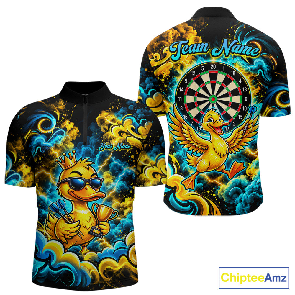 Yellow Blue Smoke Duck Darts Polo 1/4-Zip Shirt Neon Lightning Funny Darts Team Uniform
