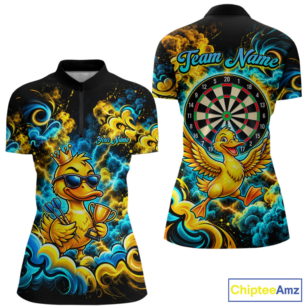 Yellow Blue Smoke Duck Darts Polo 1/4-Zip Shirt Neon Lightning Funny Darts Team Uniform