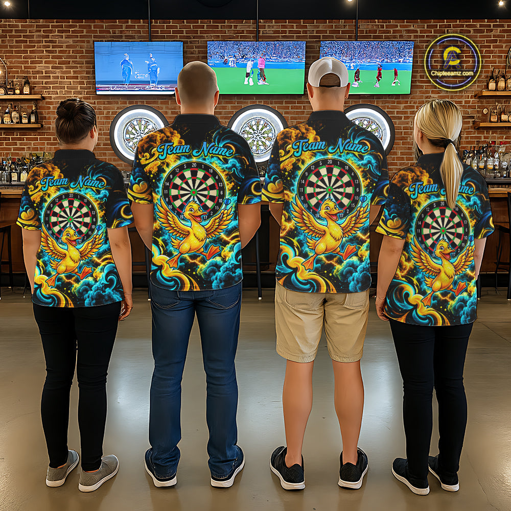 Yellow Blue Smoke Duck Darts Polo 1/4-Zip Shirt Neon Lightning Funny Darts Team Uniform