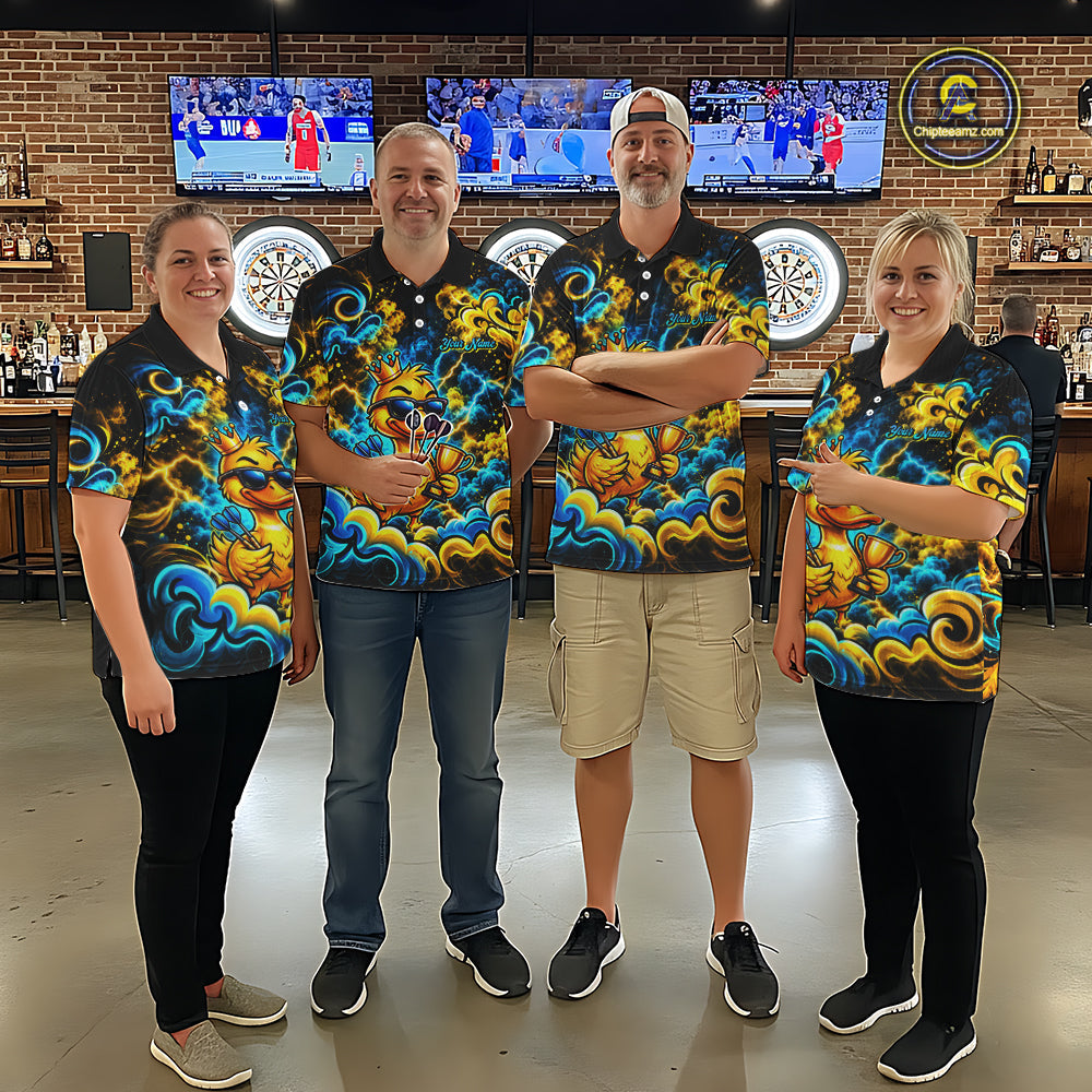 Yellow Blue Smoke Duck Darts Polo 1/4-Zip Shirt Neon Lightning Funny Darts Team Uniform