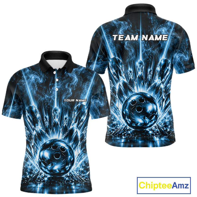 Custom Crystal Glass Bowling Polo 1/4-Zip Shirt Blue Neon Smoke Bowling Team Jersey Gift For Bowler