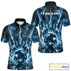 Custom Crystal Glass Bowling Polo 1/4-Zip Shirt Blue Neon Smoke Bowling Team Jersey Gift For Bowler