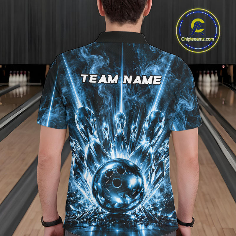 Custom Crystal Glass Bowling Polo 1/4-Zip Shirt Blue Neon Smoke Bowling Team Jersey Gift For Bowler