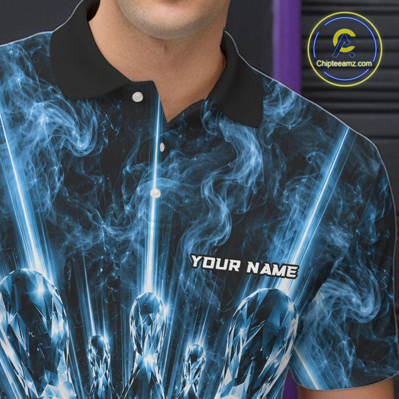 Custom Crystal Glass Bowling Polo 1/4-Zip Shirt Blue Neon Smoke Bowling Team Jersey Gift For Bowler