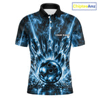 Custom Crystal Glass Bowling Polo 1/4-Zip Shirt Blue Neon Smoke Bowling Team Jersey Gift For Bowler