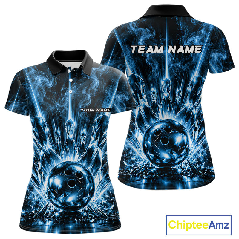 Custom Crystal Glass Bowling Polo 1/4-Zip Shirt Blue Neon Smoke Bowling Team Jersey Gift For Bowler