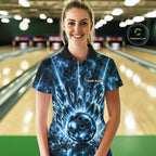 Custom Crystal Glass Bowling Polo 1/4-Zip Shirt Blue Neon Smoke Bowling Team Jersey Gift For Bowler
