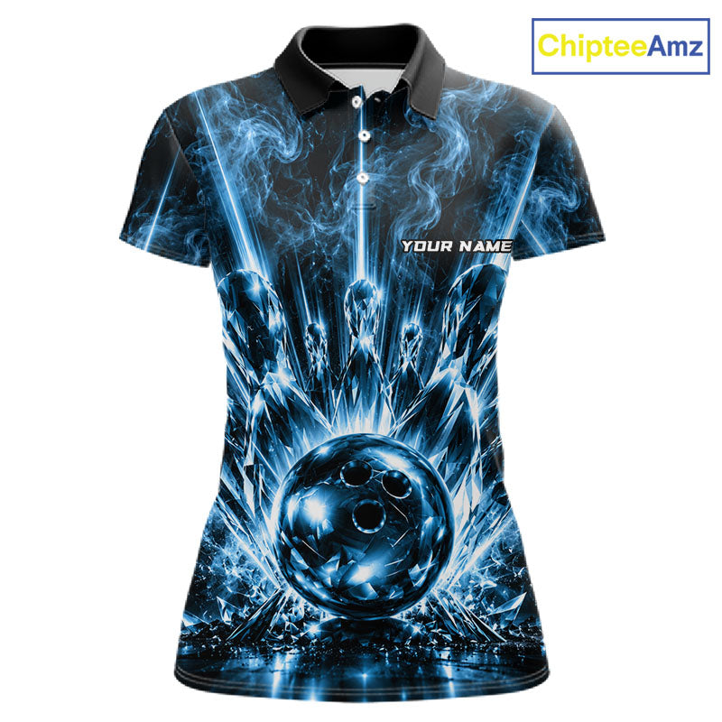 Custom Crystal Glass Bowling Polo 1/4-Zip Shirt Blue Neon Smoke Bowling Team Jersey Gift For Bowler