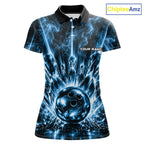 Custom Crystal Glass Bowling Polo 1/4-Zip Shirt Blue Neon Smoke Bowling Team Jersey Gift For Bowler