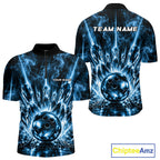 Custom Crystal Glass Bowling Polo 1/4-Zip Shirt Blue Neon Smoke Bowling Team Jersey Gift For Bowler