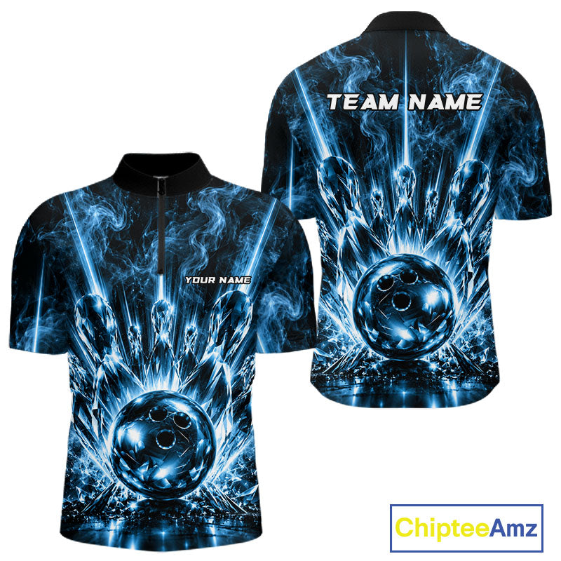 Custom Crystal Glass Bowling Polo 1/4-Zip Shirt Blue Neon Smoke Bowling Team Jersey Gift For Bowler