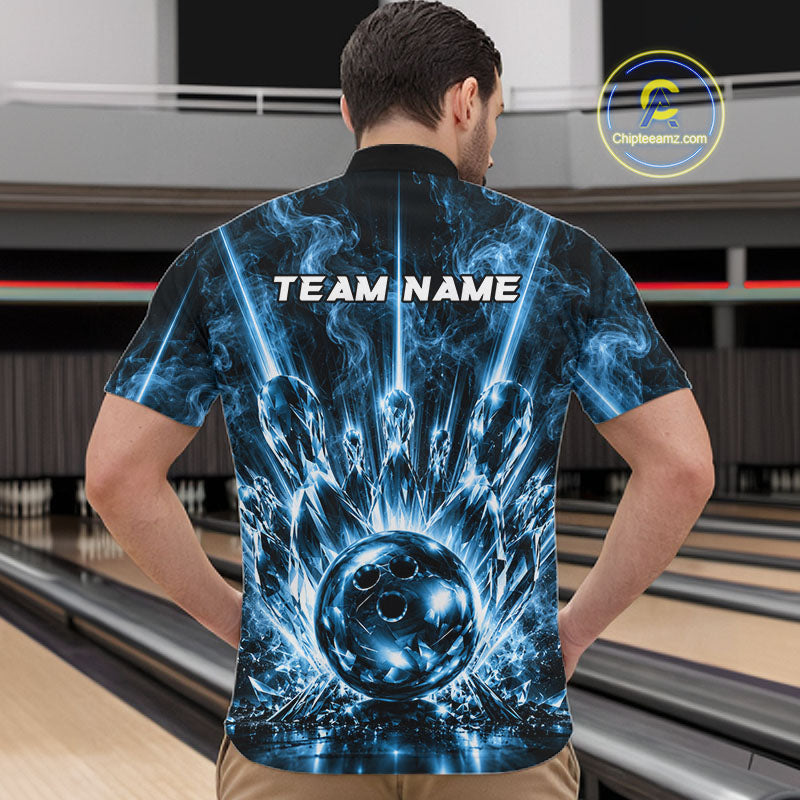Custom Crystal Glass Bowling Polo 1/4-Zip Shirt Blue Neon Smoke Bowling Team Jersey Gift For Bowler