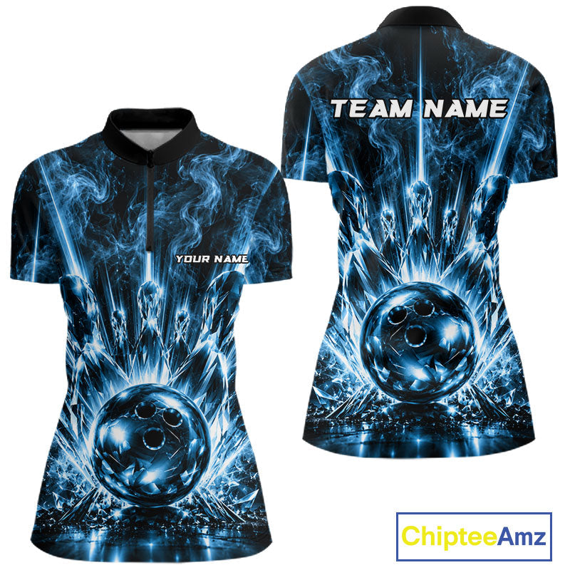 Custom Crystal Glass Bowling Polo 1/4-Zip Shirt Blue Neon Smoke Bowling Team Jersey Gift For Bowler