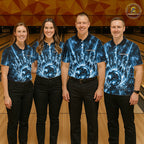 Custom Crystal Glass Bowling Polo 1/4-Zip Shirt Blue Neon Smoke Bowling Team Jersey Gift For Bowler