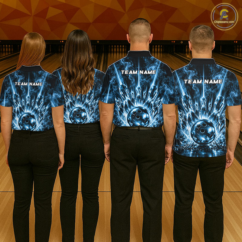 Custom Crystal Glass Bowling Polo 1/4-Zip Shirt Blue Neon Smoke Bowling Team Jersey Gift For Bowler