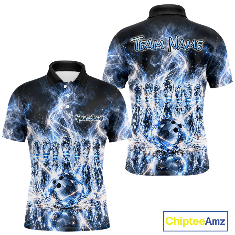 Blue & White Crystal Glass Pins And Ball Bowling Shirt Custom Smokes Bowling Team Jersey
