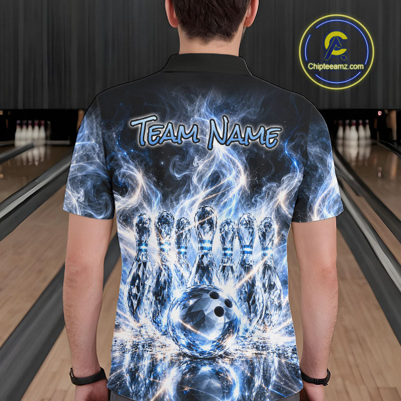 Blue & White Crystal Glass Pins And Ball Bowling Shirt Custom Smokes Bowling Team Jersey