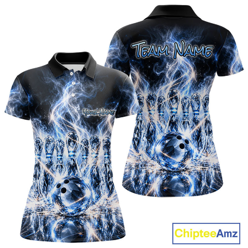 Blue & White Crystal Glass Pins And Ball Bowling Shirt Custom Smokes Bowling Team Jersey