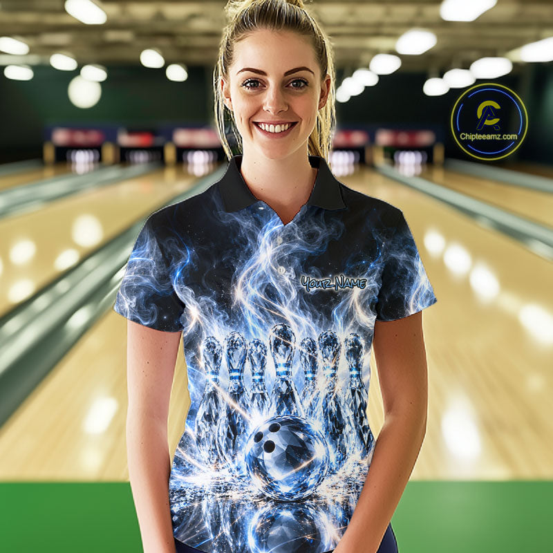 Blue & White Crystal Glass Pins And Ball Bowling Shirt Custom Smokes Bowling Team Jersey