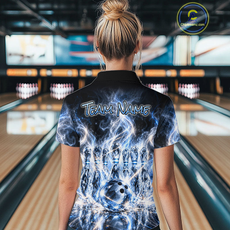 Blue & White Crystal Glass Pins And Ball Bowling Shirt Custom Smokes Bowling Team Jersey