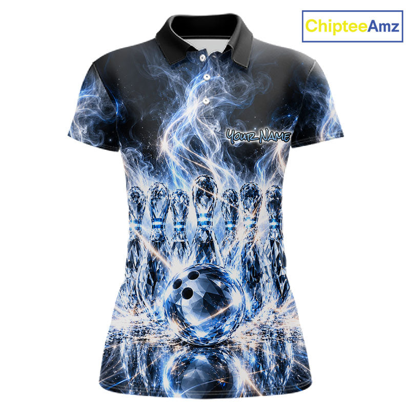 Blue & White Crystal Glass Pins And Ball Bowling Shirt Custom Smokes Bowling Team Jersey