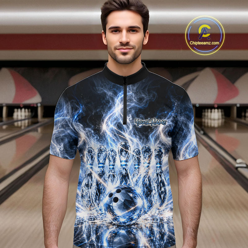 Blue & White Crystal Glass Pins And Ball Bowling Shirt Custom Smokes Bowling Team Jersey