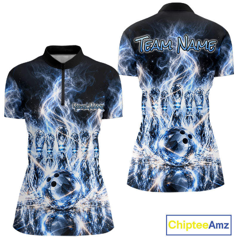 Blue & White Crystal Glass Pins And Ball Bowling Shirt Custom Smokes Bowling Team Jersey