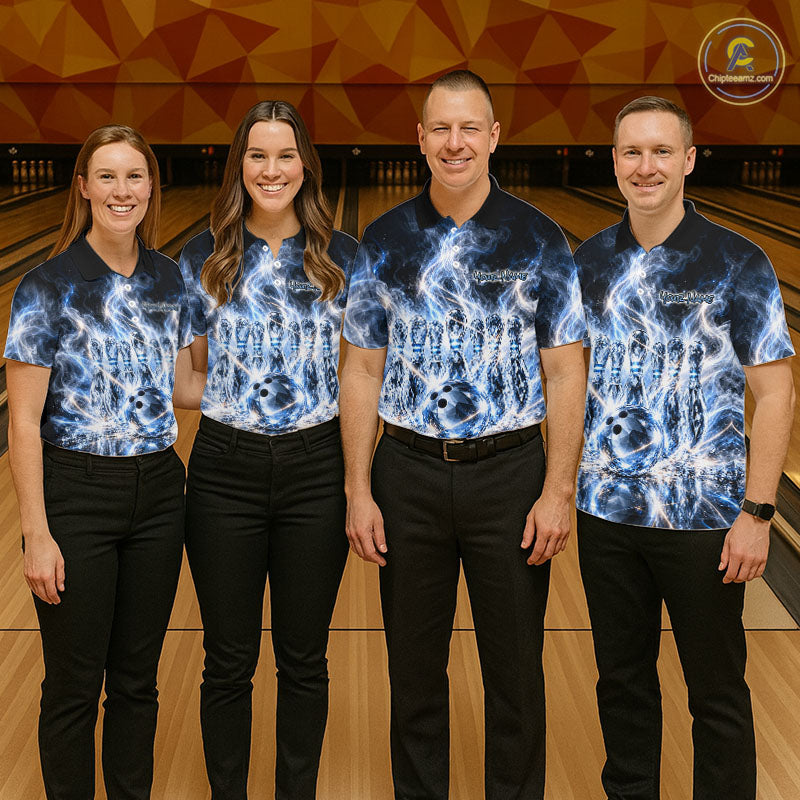 Blue & White Crystal Glass Pins And Ball Bowling Shirt Custom Smokes Bowling Team Jersey