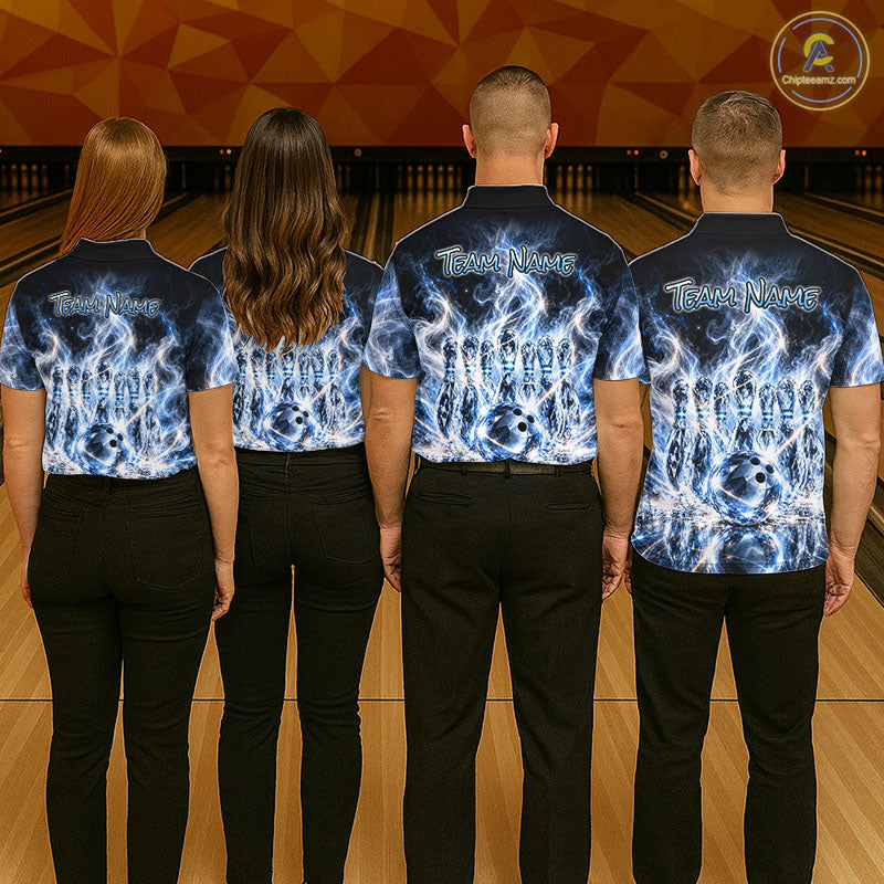 Blue & White Crystal Glass Pins And Ball Bowling Shirt Custom Smokes Bowling Team Jersey