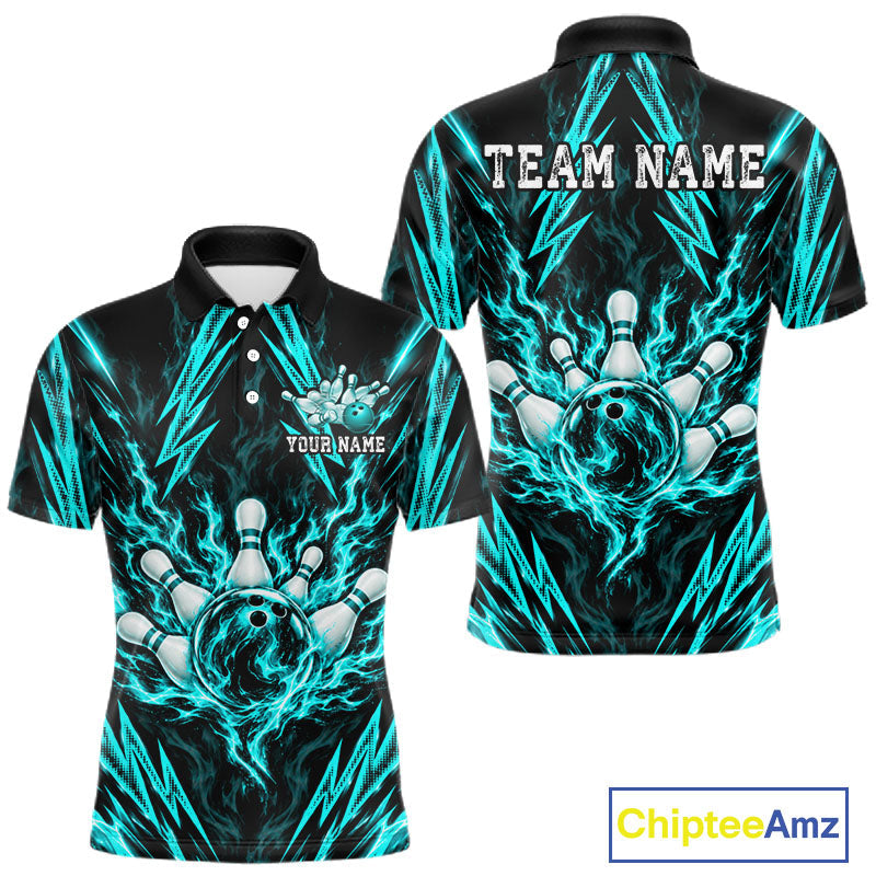 Custom Teal Lightning Bowling Jersey Fire Flame Bowling Polo 1/4-Zip Shirt Bowler Gift