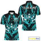 Custom Teal Lightning Bowling Jersey Fire Flame Bowling Polo 1/4-Zip Shirt Bowler Gift