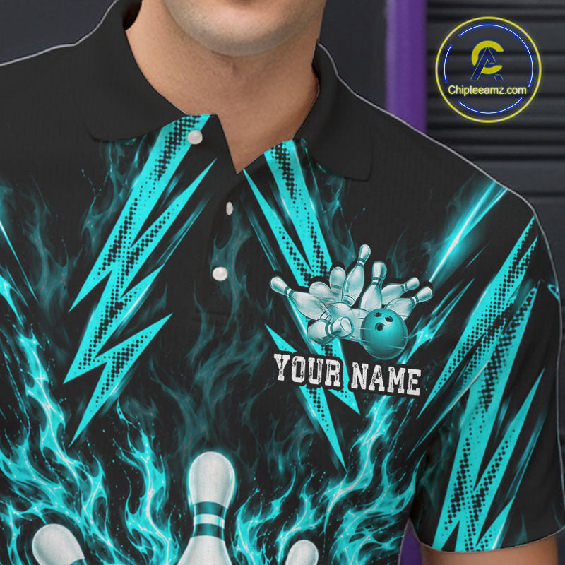 Custom Teal Lightning Bowling Jersey Fire Flame Bowling Polo 1/4-Zip Shirt Bowler Gift