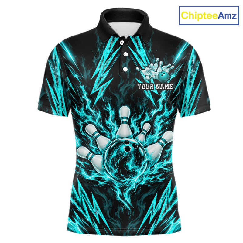 Custom Teal Lightning Bowling Jersey Fire Flame Bowling Polo 1/4-Zip Shirt Bowler Gift
