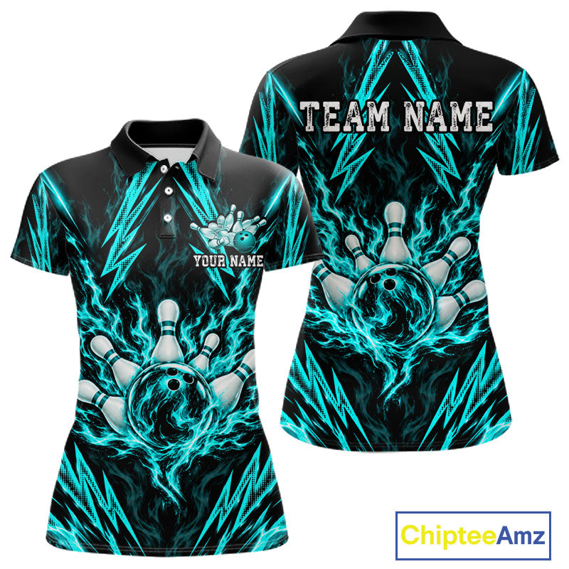 Custom Teal Lightning Bowling Jersey Fire Flame Bowling Polo 1/4-Zip Shirt Bowler Gift