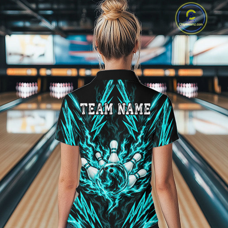 Custom Teal Lightning Bowling Jersey Fire Flame Bowling Polo 1/4-Zip Shirt Bowler Gift