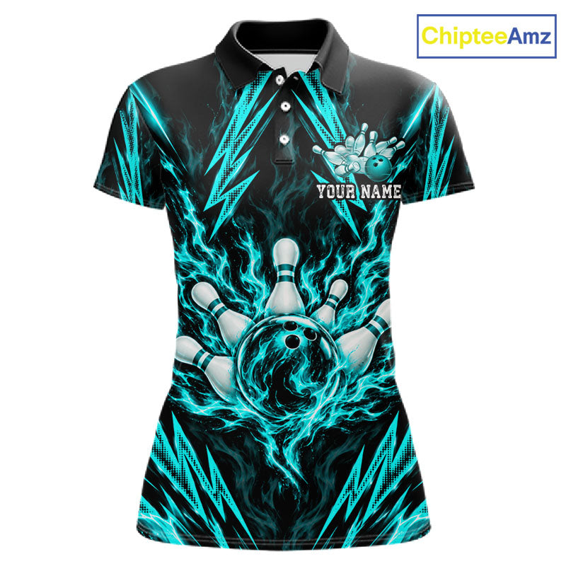 Custom Teal Lightning Bowling Jersey Fire Flame Bowling Polo 1/4-Zip Shirt Bowler Gift