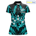 Custom Teal Lightning Bowling Jersey Fire Flame Bowling Polo 1/4-Zip Shirt Bowler Gift
