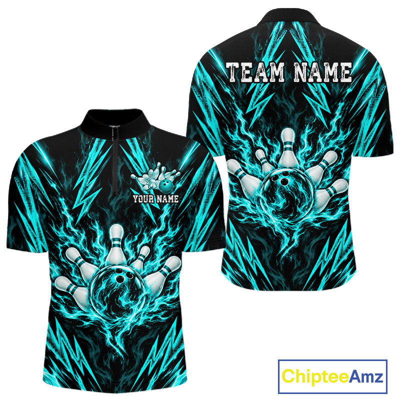 Custom Teal Lightning Bowling Jersey Fire Flame Bowling Polo 1/4-Zip Shirt Bowler Gift