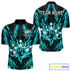 Custom Teal Lightning Bowling Jersey Fire Flame Bowling Polo 1/4-Zip Shirt Bowler Gift
