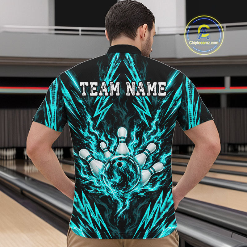 Custom Teal Lightning Bowling Jersey Fire Flame Bowling Polo 1/4-Zip Shirt Bowler Gift