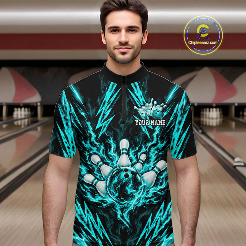 Custom Teal Lightning Bowling Jersey Fire Flame Bowling Polo 1/4-Zip Shirt Bowler Gift