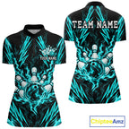 Custom Teal Lightning Bowling Jersey Fire Flame Bowling Polo 1/4-Zip Shirt Bowler Gift