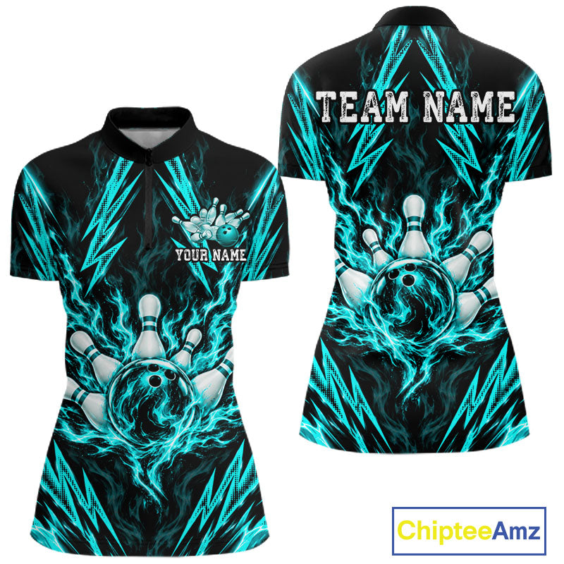 Custom Teal Lightning Bowling Jersey Fire Flame Bowling Polo 1/4-Zip Shirt Bowler Gift