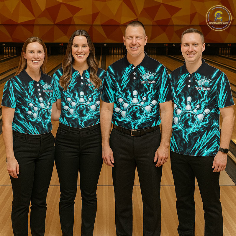Custom Teal Lightning Bowling Jersey Fire Flame Bowling Polo 1/4-Zip Shirt Bowler Gift