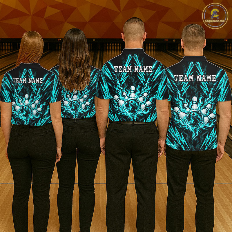 Custom Teal Lightning Bowling Jersey Fire Flame Bowling Polo 1/4-Zip Shirt Bowler Gift