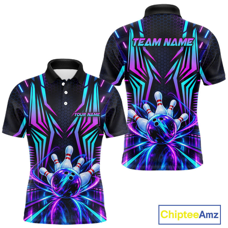 Personalized Neon Cyberpunk Bowling Shirt Blue & Pink Futuristic Bowling Team Apparel