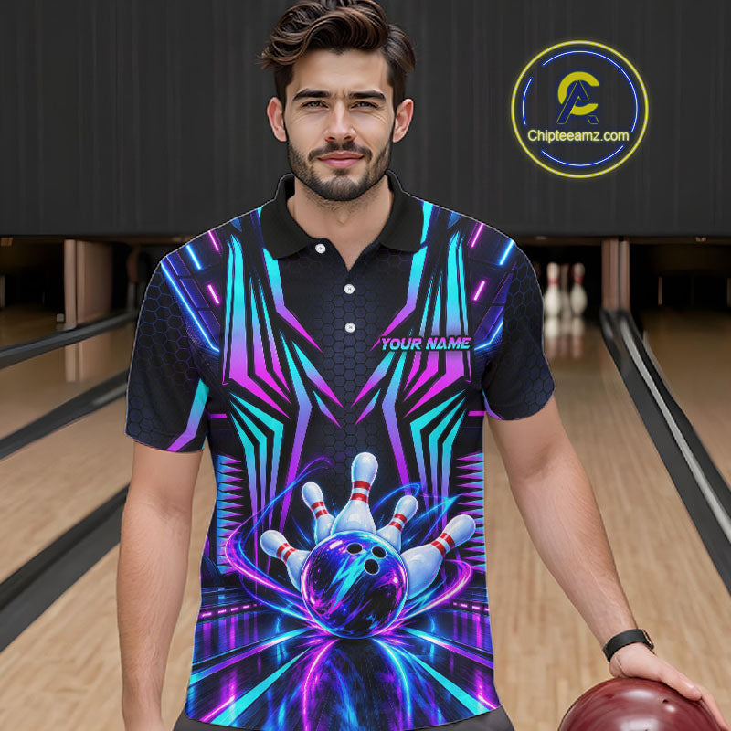 Personalized Neon Cyberpunk Bowling Shirt Blue & Pink Futuristic Bowling Team Apparel