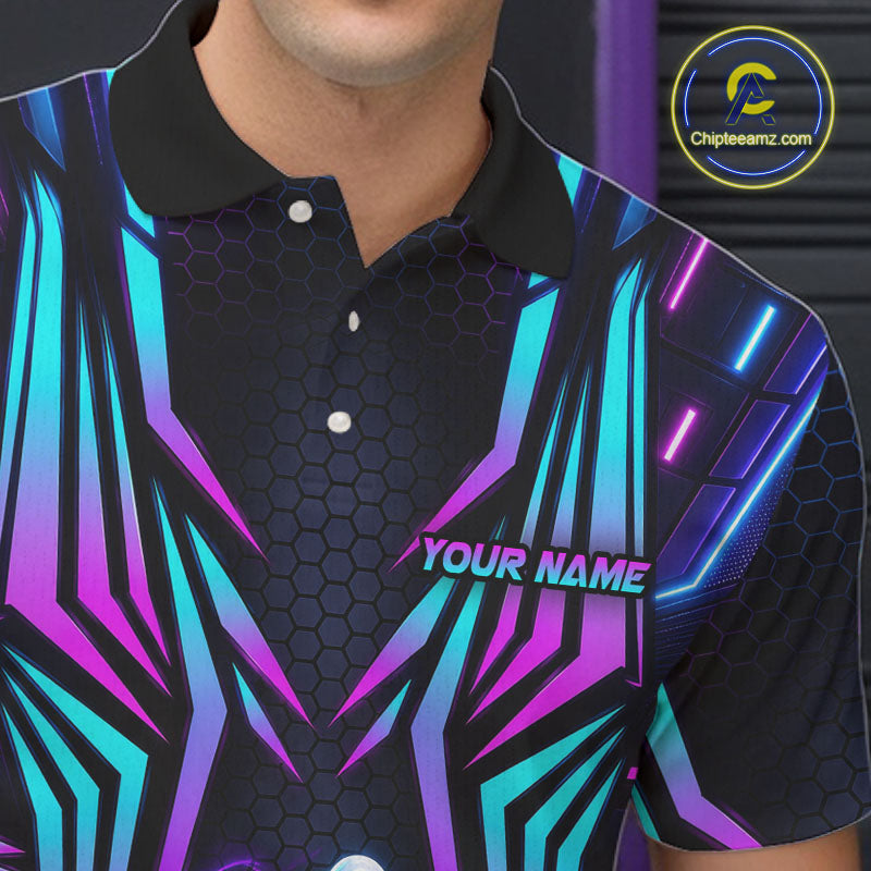 Personalized Neon Cyberpunk Bowling Shirt Blue & Pink Futuristic Bowling Team Apparel