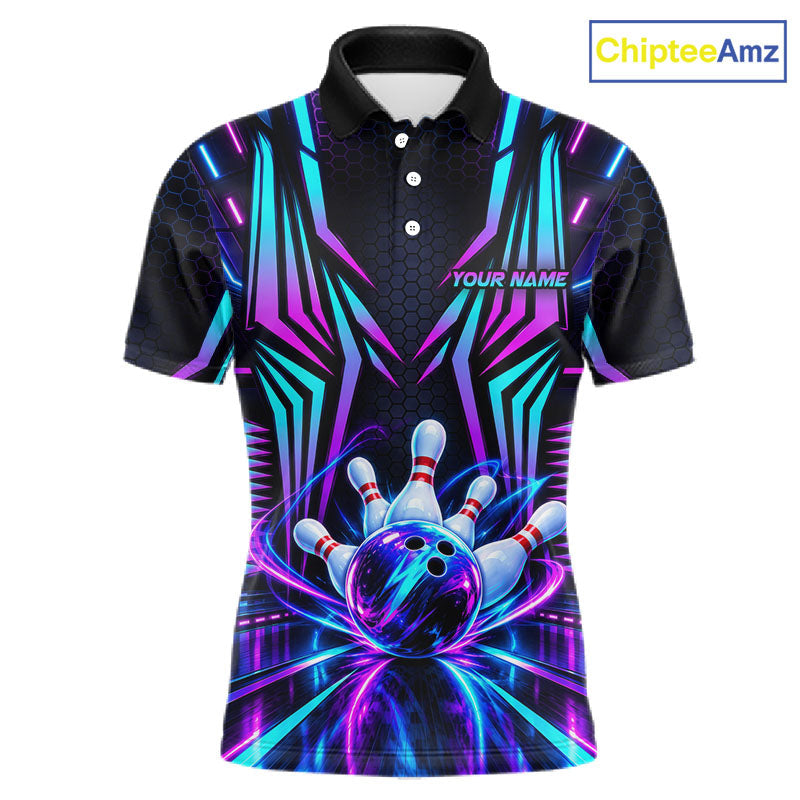 Personalized Neon Cyberpunk Bowling Shirt Blue & Pink Futuristic Bowling Team Apparel